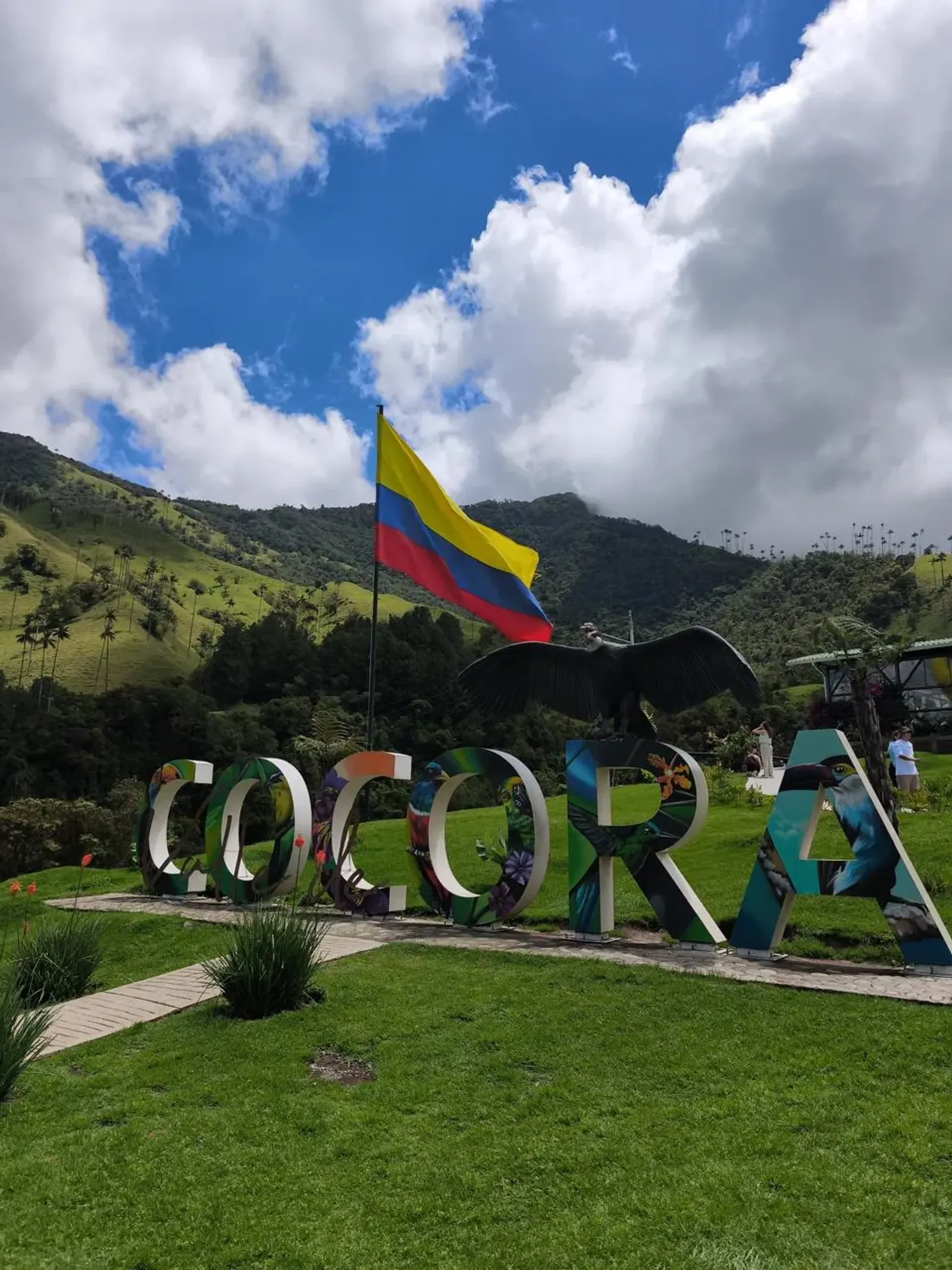Letrero decorativo 'COCORA' con la bandera de Colombia y colinas verdes de fondo